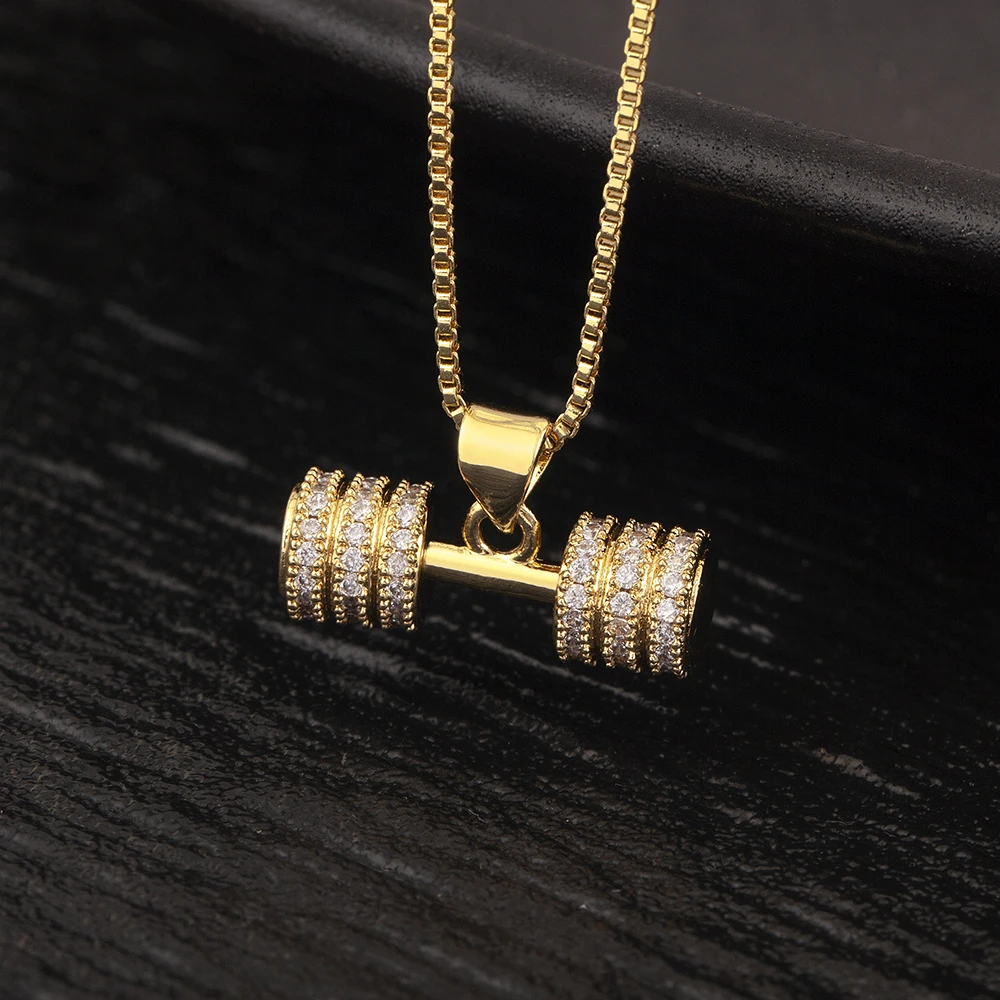 Fashion Crystal Barbell Dumbbell Pendant Necklace Fitness Weightlifting Necklace Women's Gym Sports Copper Jewelry Gift