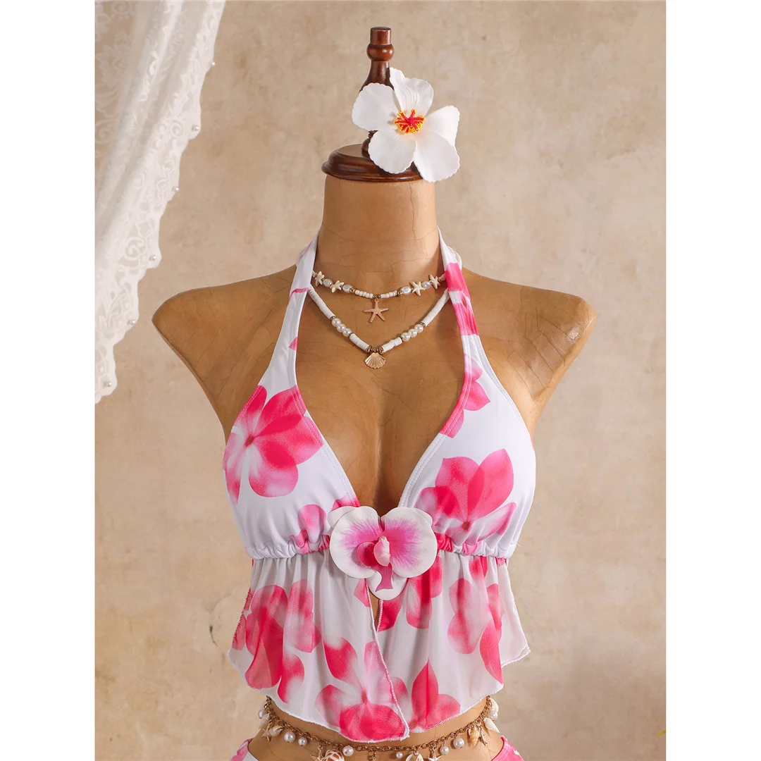 3D-Blumenmuster mit Rock, Neckholder-Bikini, Damen-Badeanzug, dreiteiliges Bikini-Set, Badebekleidung, Badeanzug, Schwimmbekleidung V8422 – Detail 11