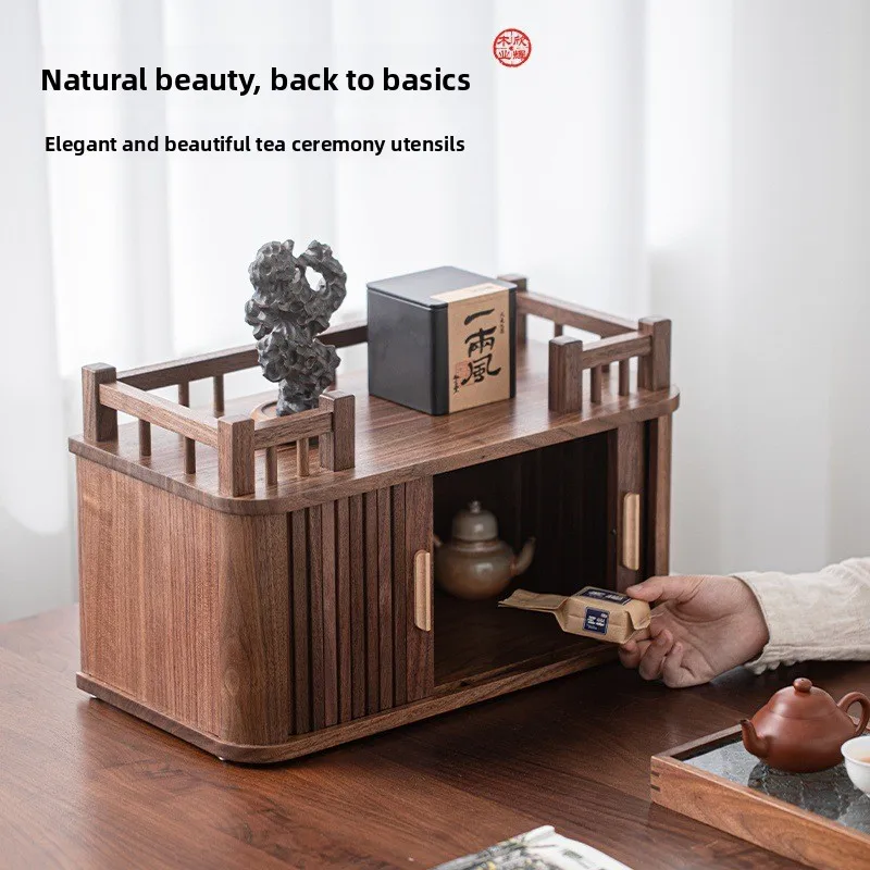 Black Walnut Tea Shelf Chinese Style Tea Cup Display Rack for Living Room Minimalist 2 Tier Spice Rack Premium Wood Storage Box