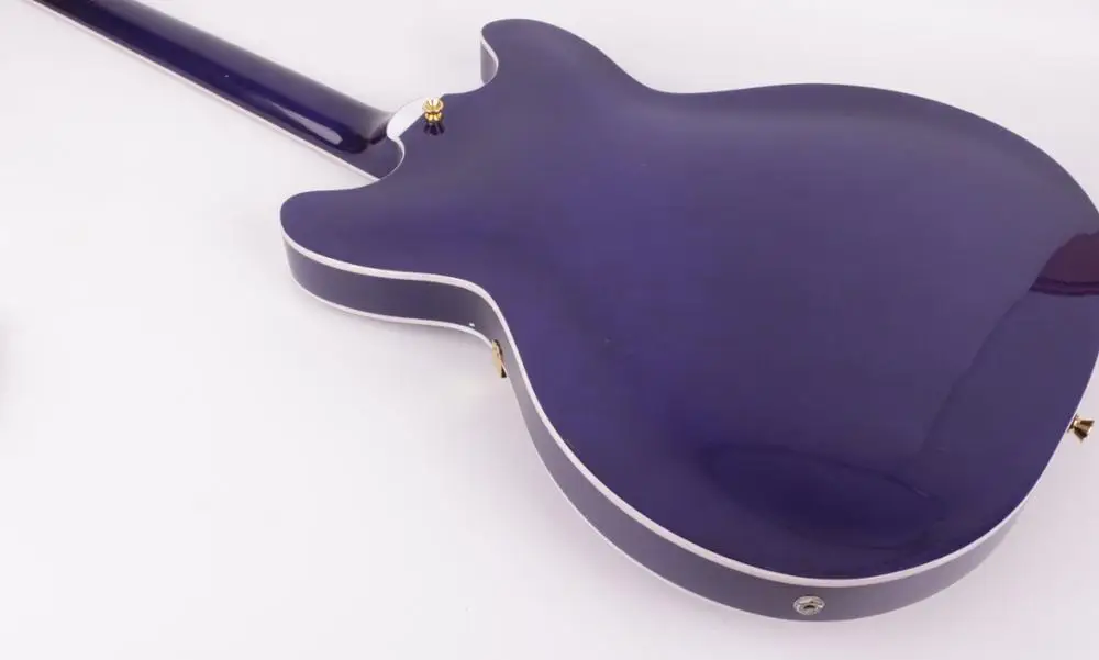 Dark blue quilted maple veneer on top golden hardware electric jazz guitar double f hole semi hollow body