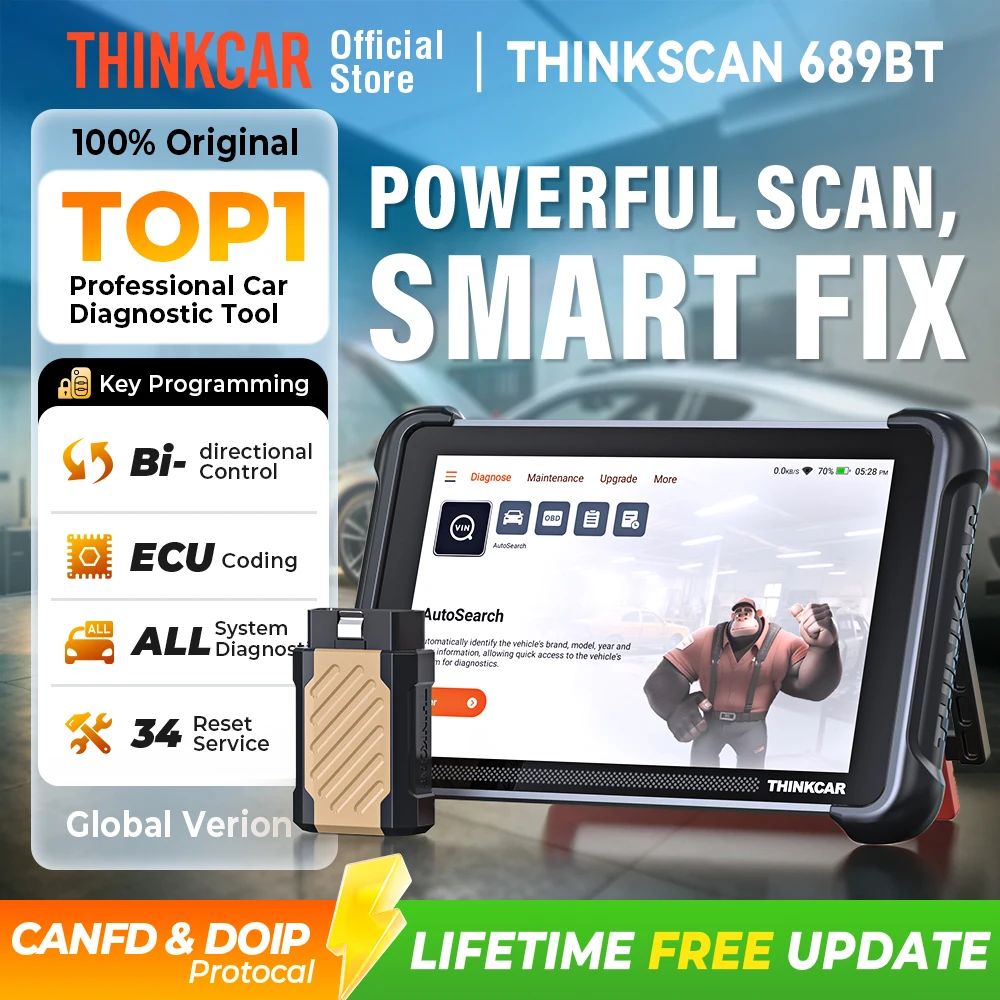 Programação de chaves THINKCAR THINKSCAN 689BT com ferramenta de diagnóstico automotivo KEY 101, scanner OBD2 bidirecional, codificação de ECU, CANFD DOIP 34, reset completo do sistema (grátis)