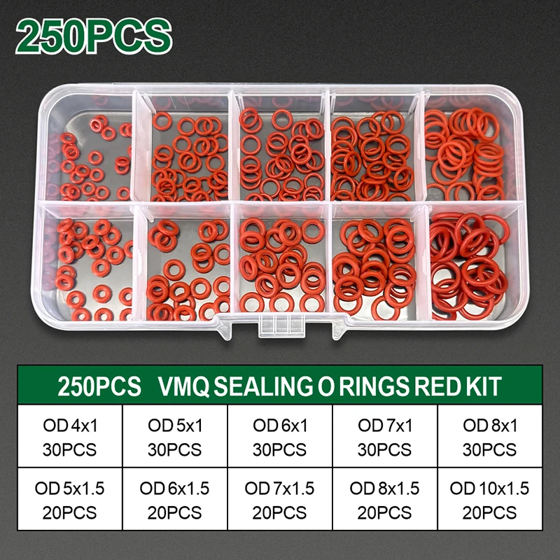 250Pcs Food Grade VMQ O-Ring Silicone Ring Kit High Temp Oil Resistant Sealing Gaskets for Mechanical Equipment Machinery