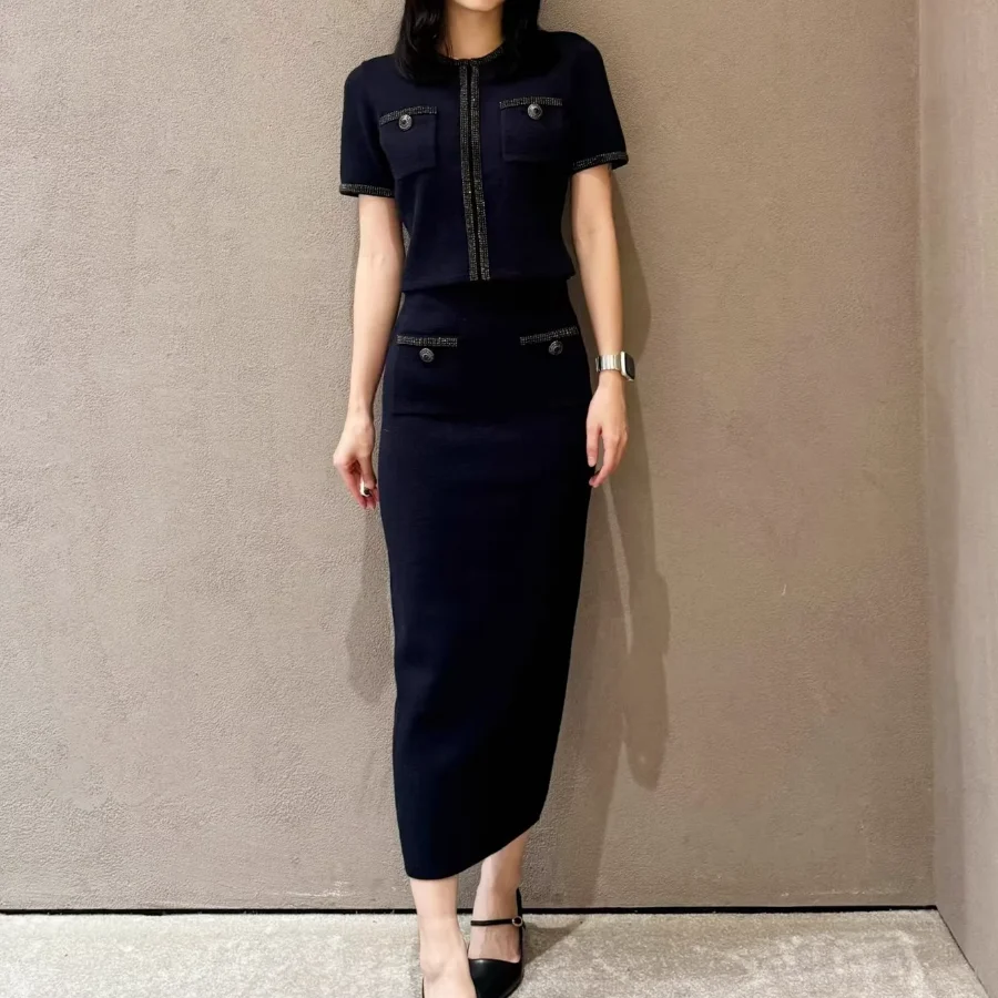 Fashion Navy Blue Knitted Suit Women Diamond Embellished Short Sleeve Sweater cardigan+Midi Skirt Knitting Set 5240299