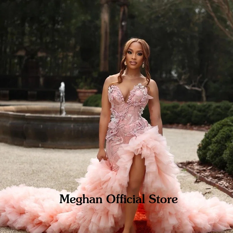 Meghan personalizado glitter rosa babados sereia vestido de baile preto meninas alta fenda floral cristal frisado festa aniversário vestido