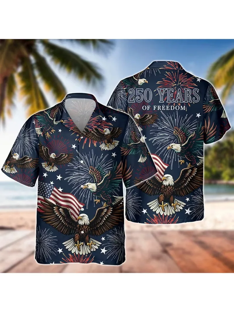 

Men's Patriotic Eagle Print Hawaiian Shirt American Flag Bald Eagle Beach Vacation Shirts Short Sleeve Casual Aloha Shirt Top