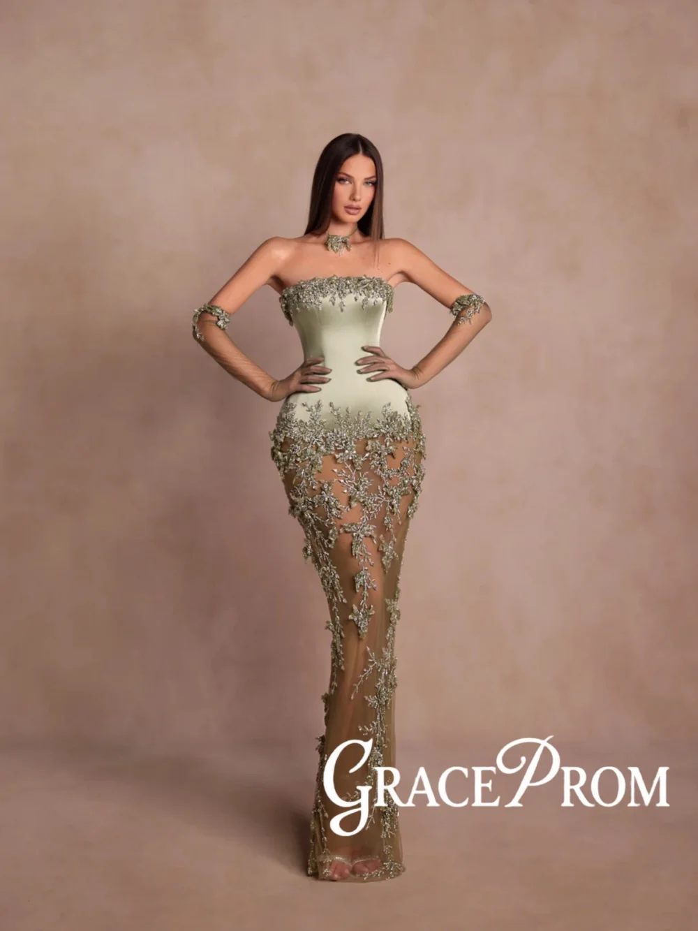 

Sage Gorgeous Beaded Long Evening Dress Without Gloves Stylish Strapless Illusion Wedding Party Gown Customized Red Carpet Gowns