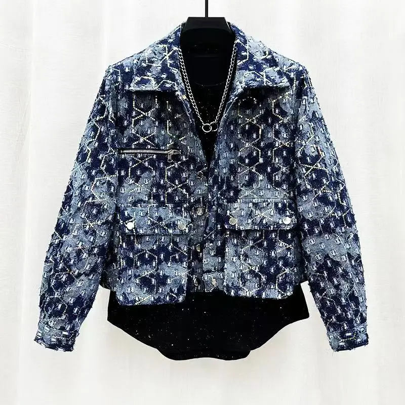 New Arrival Top Fashion Men Casual Denim Jacket retro cargo Single Breasted Cotton Print Turn-down Collar Short sequin Coat