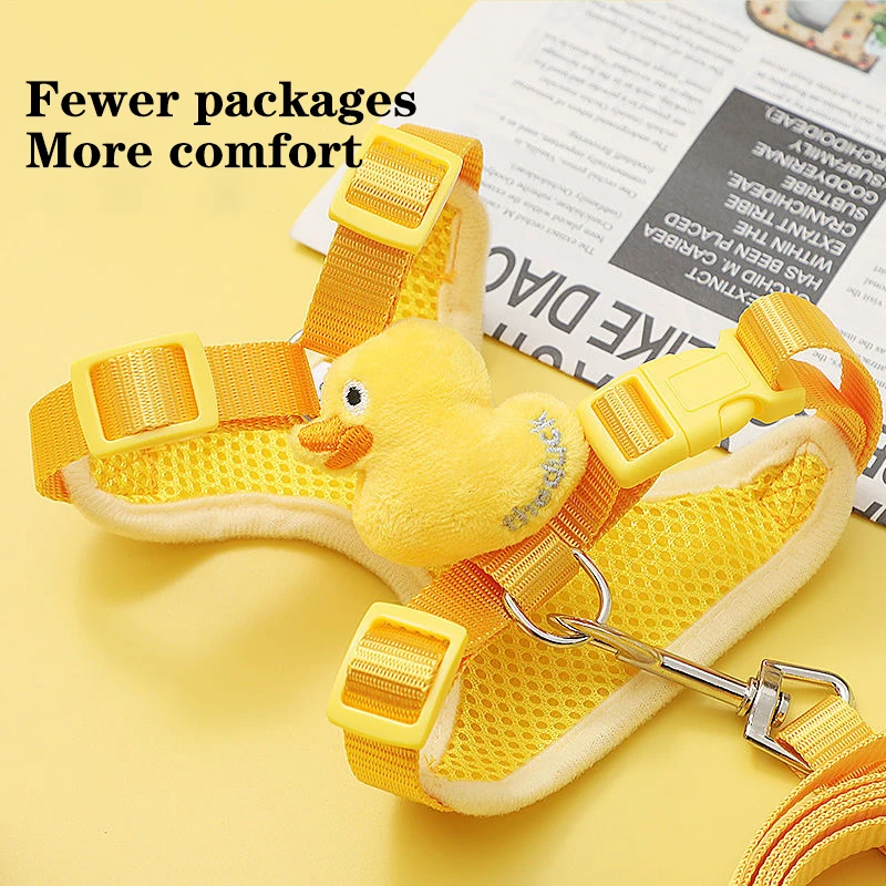 1Pc Breathable Mesh Pet Harness Adjustable Buckle Leash Anti Breakout Cartoon Little Yellow Duck Cat Dog Vest Leash