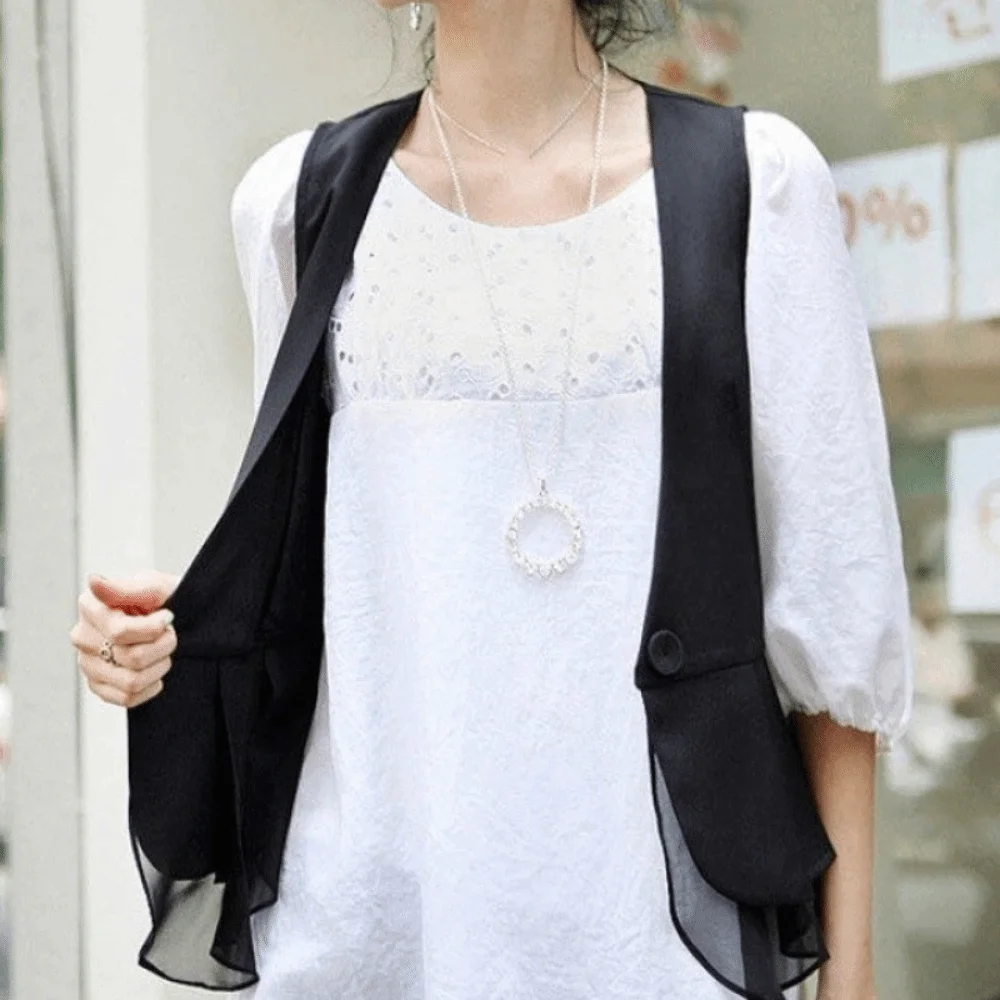 Modische V-Ausschnitt Damen Weste Top Mesh Rüschen Sommer Kurze Anzugweste Schlanke Passform Dünne Ärmellose Weste Damen/Mädchen – Detail 6