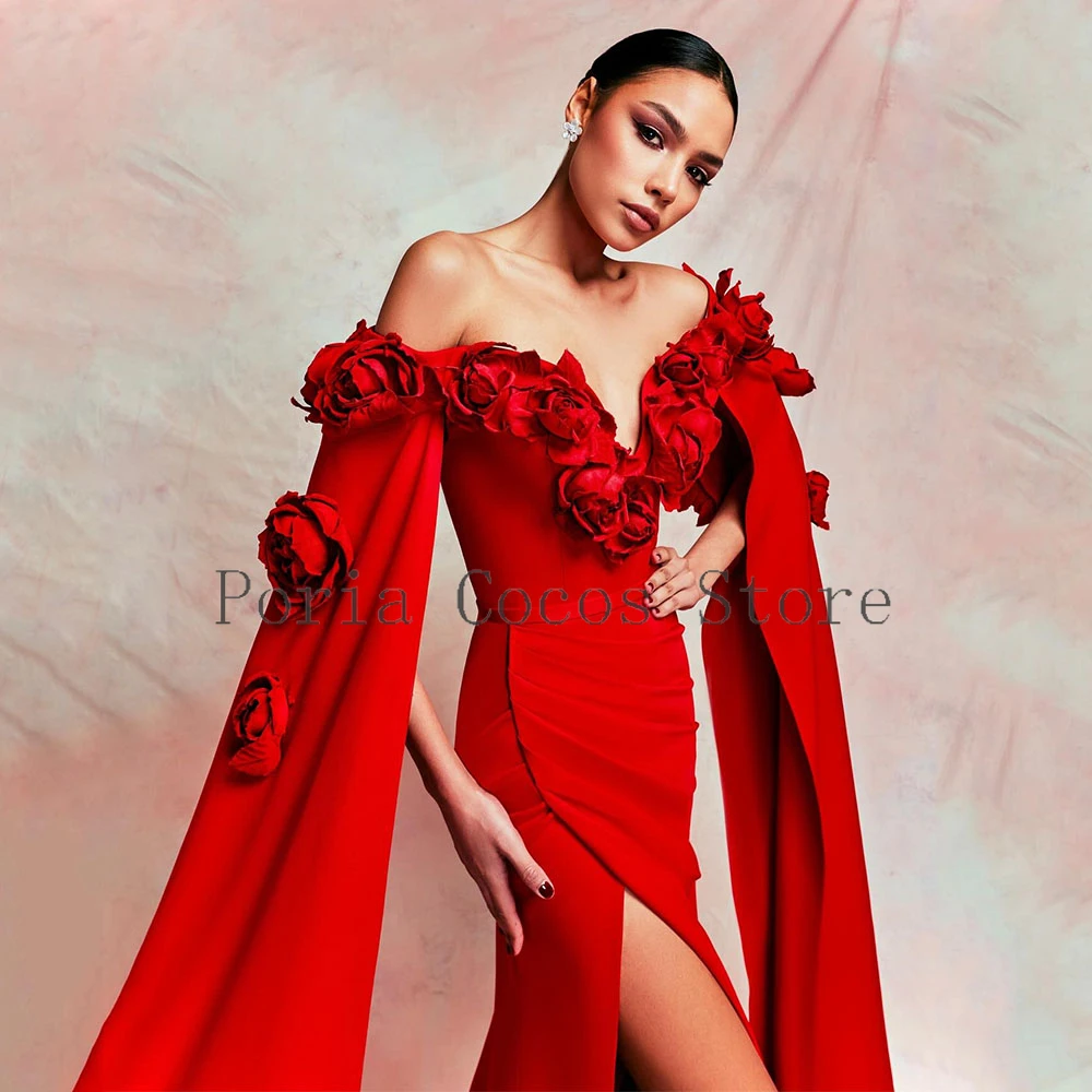 Custom Saudi Dress Cloak Sleeves Floor Length Off The Shoulder Flowers Women's Evening Dress Mermaid Formal Wedding Party Dress
