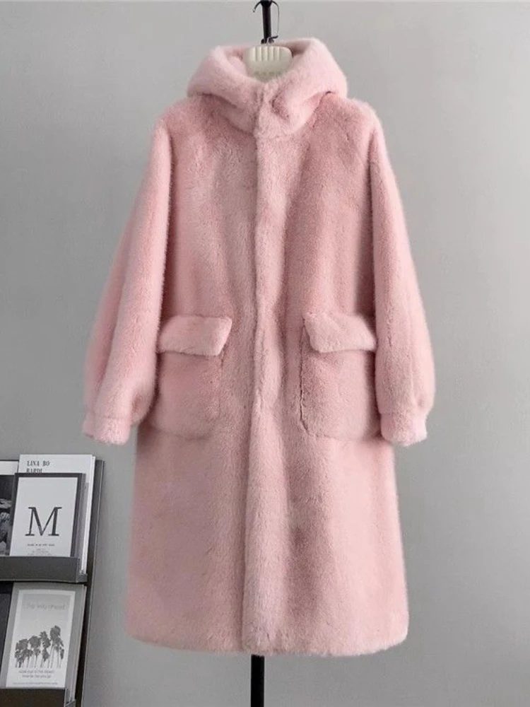 2024 New Autumn Winter High Imitation Mink Coat For Women With  Hooded Cute Ears Jacket Women\'s Long Cardigan Overcoat