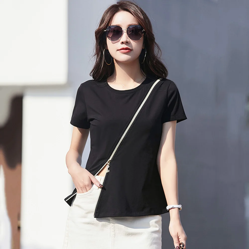 New Women Cotton T-shirt Summer Fashion Zipper Design O-Neck Short Sleeve Slim Tees Tops Simplicity Casual Basic T-shirt Orange