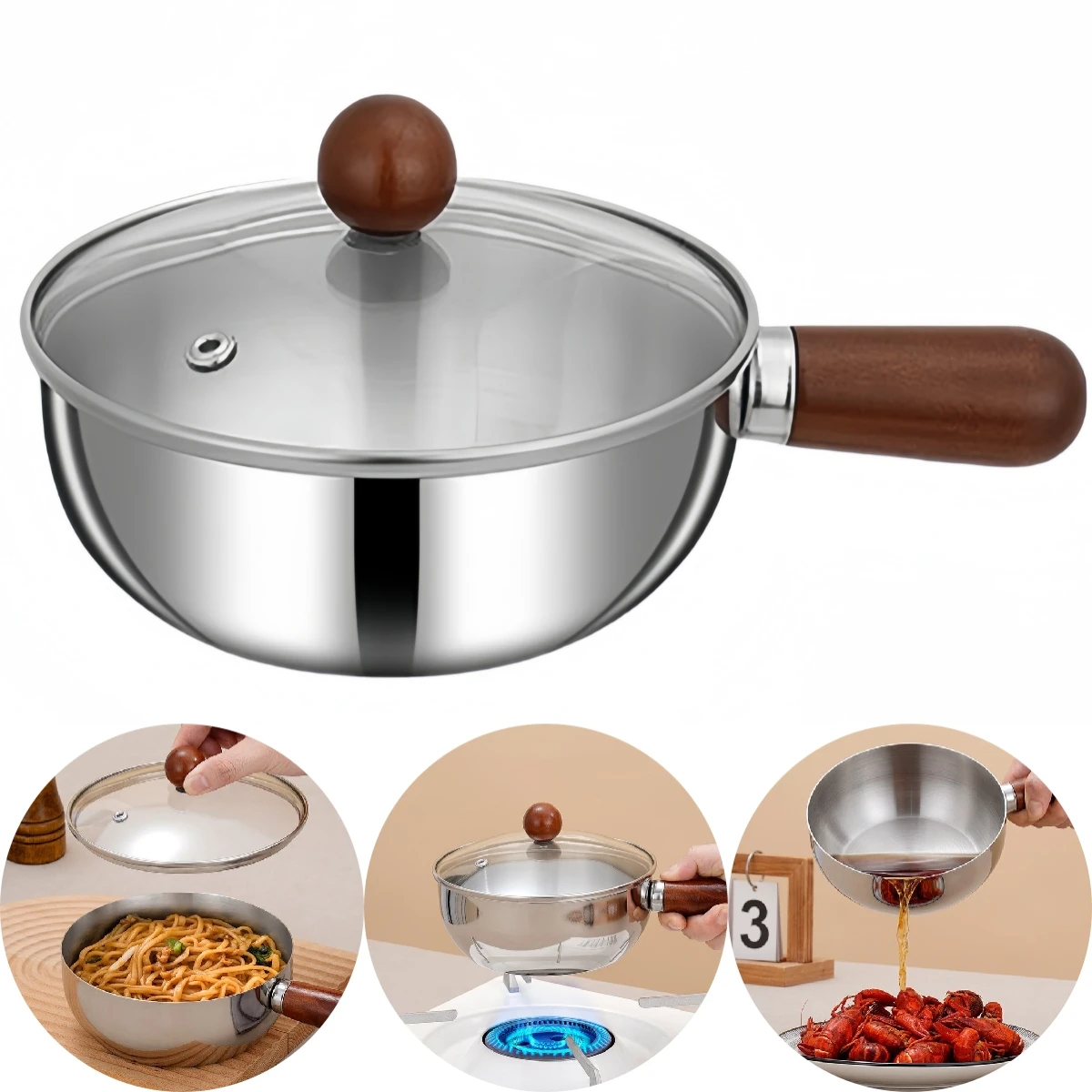 وعاء الحليب من الفولاذ المقاوم للصدأ مع مقبض خشبي ومقلاة مسطحة القاع للاستخدام على مواقد الغاز والكهرباء التعريفي #6
