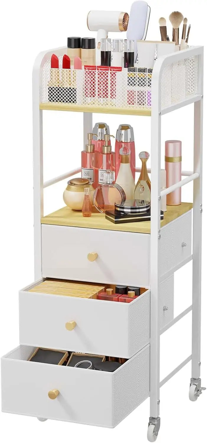 

Rolling Makeup Cart with 3 Fabric Drawers, Skincare and Cosmetic Storage Organizer for Vanity Display
