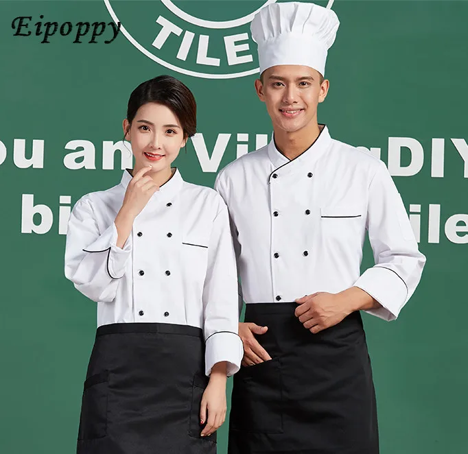 Zwart Wit Unisex Keuken Chef Uniform Lange Mouw Dubbel Gebrouwen Kok Kleding Chef-Kok Jas