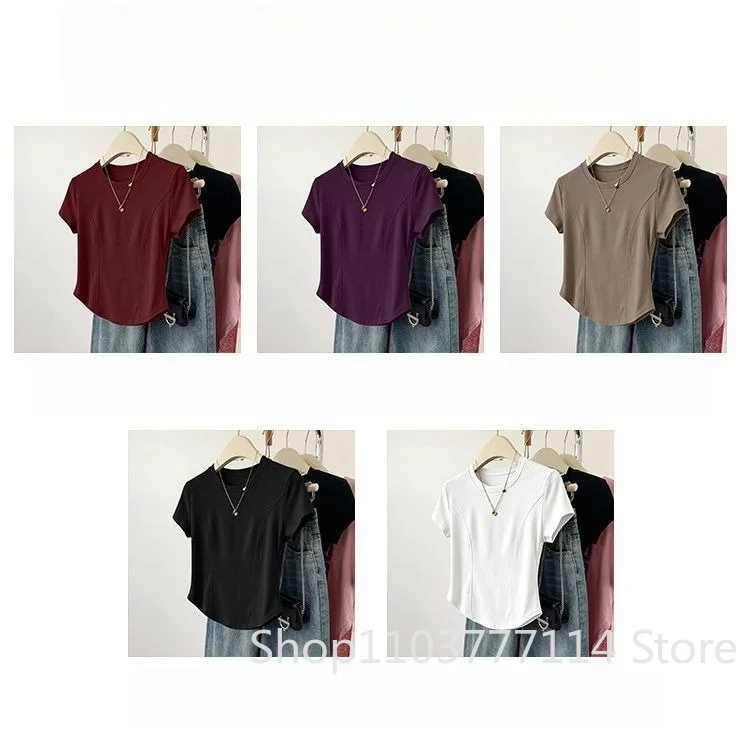 Damen Sommer Kurzarm-Oberteil für Mode, Vielseitiges Basis-Shirt, Hochwertiges Rundhals-T-Shirt, Lässig und Atmungsaktiv und Kühl – Detail 4