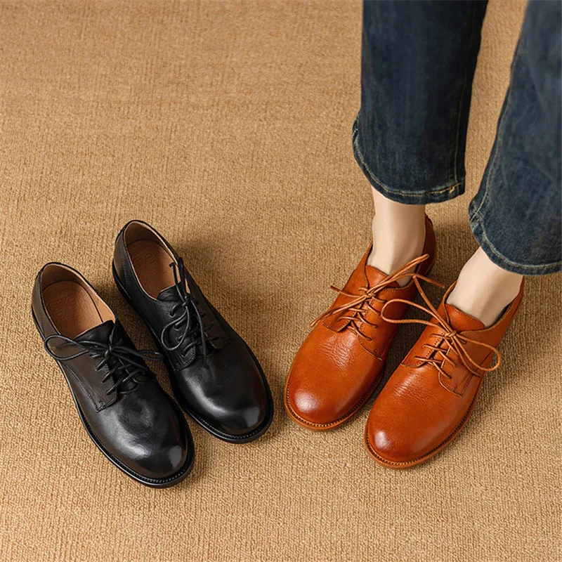 New Autumn Genuine Leather Women Pumps Fashion Round Toe Shoes for Women Chunky Heel Lace Loafers Women Shoes Zapatos De Mujer