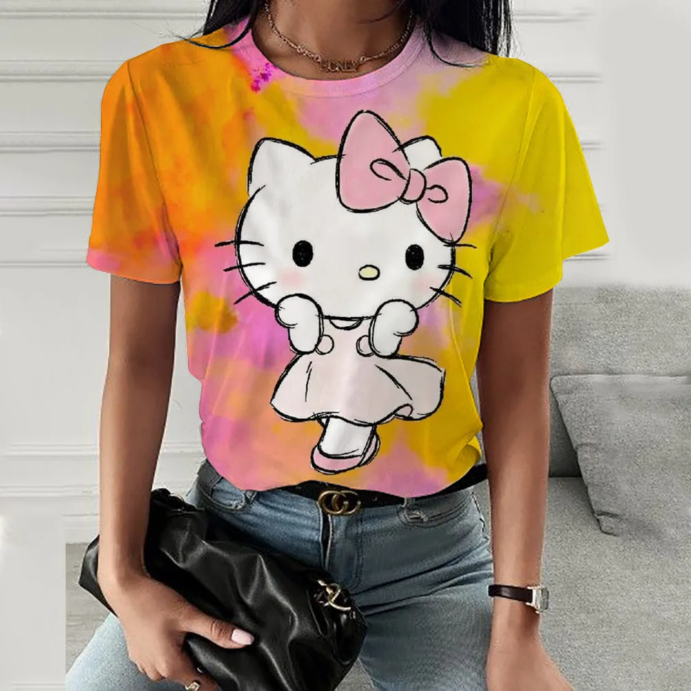 Women Hello Kitty Kuromi print T Shirt Lady Fashion Clothing Short Sleeve Cartoon Clothes Summer Female Tees Graphic T Shirts