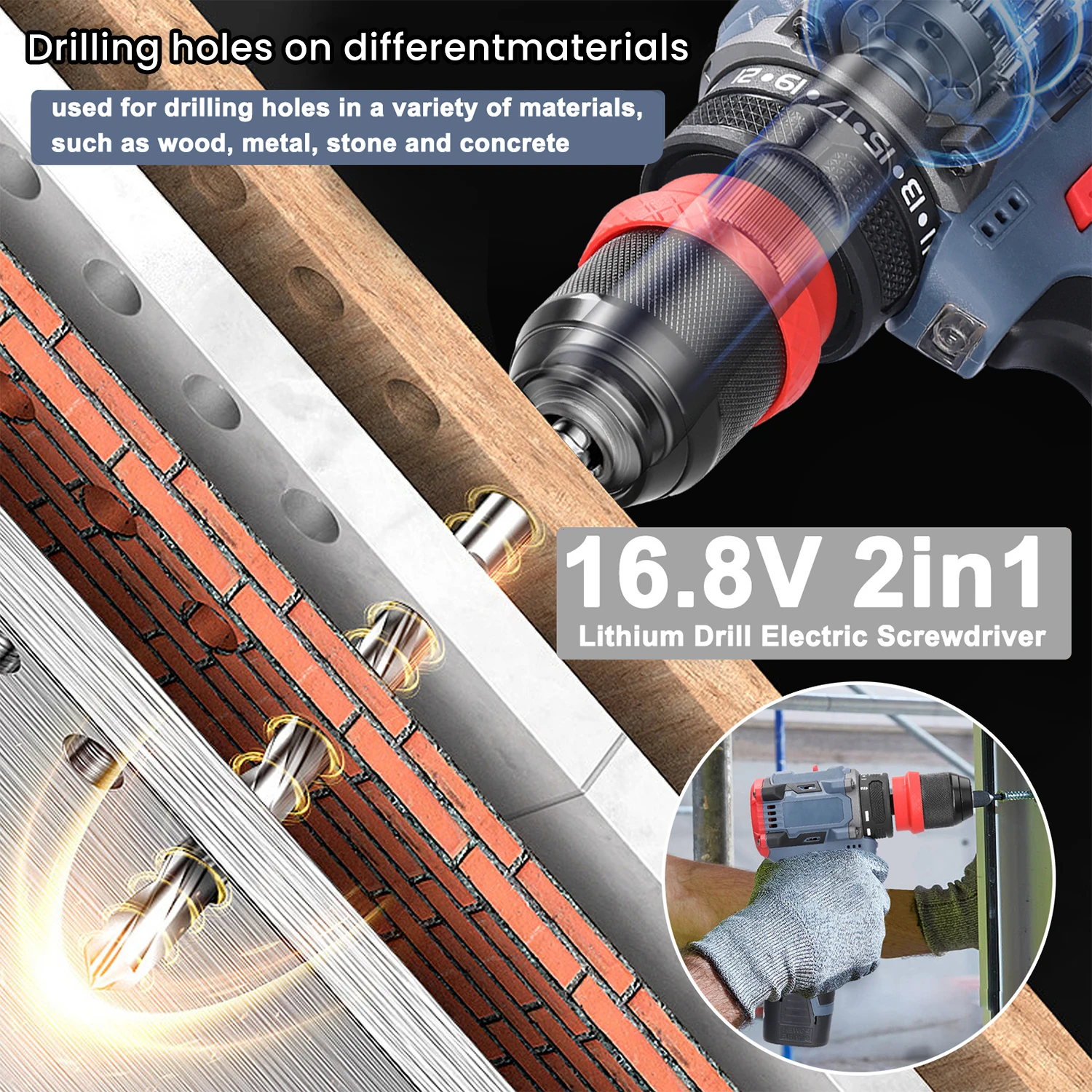 Trapano avvitatore elettrico senza fili, motore a spazzole, 45 Nm, 16,8 V, 2 batterie, 2 velocità, utensile elettrico.