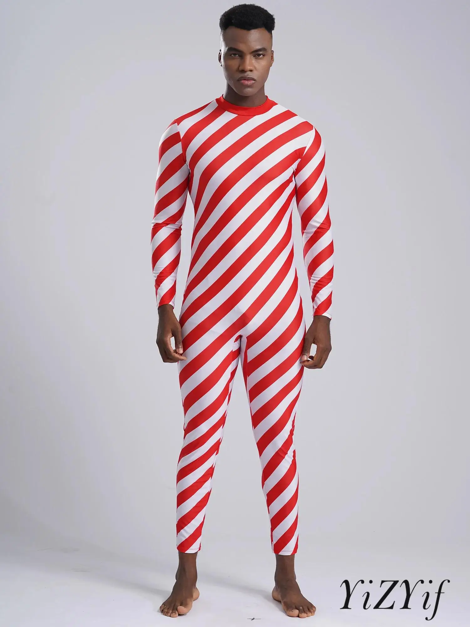 

Men One Piece Christmas Holiday Dress Party Candy Cane Jumpsuit Striped Dance Unitard Jumpsuit Stage Performance Cosplay Costume