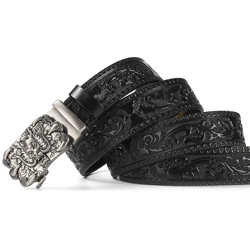 3,5 cm Beliebter chinesischer Loong-Gürtel aus Metalllegierung mit automatischer Schnalle, luxuriöser Herren-Gürtel aus echtem Leder, Retro-Gürtel mit geschnitzten Blumen – Detail 8