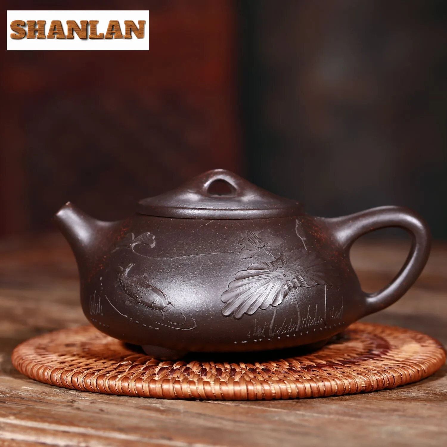 260ml Antique Yixing Purple Clay Teapots Handmade Stone Scoop Fish Fun Lotus Leaf Pot Raw Ore Zhu  Mud Kettle Zisha Tea Set Gift