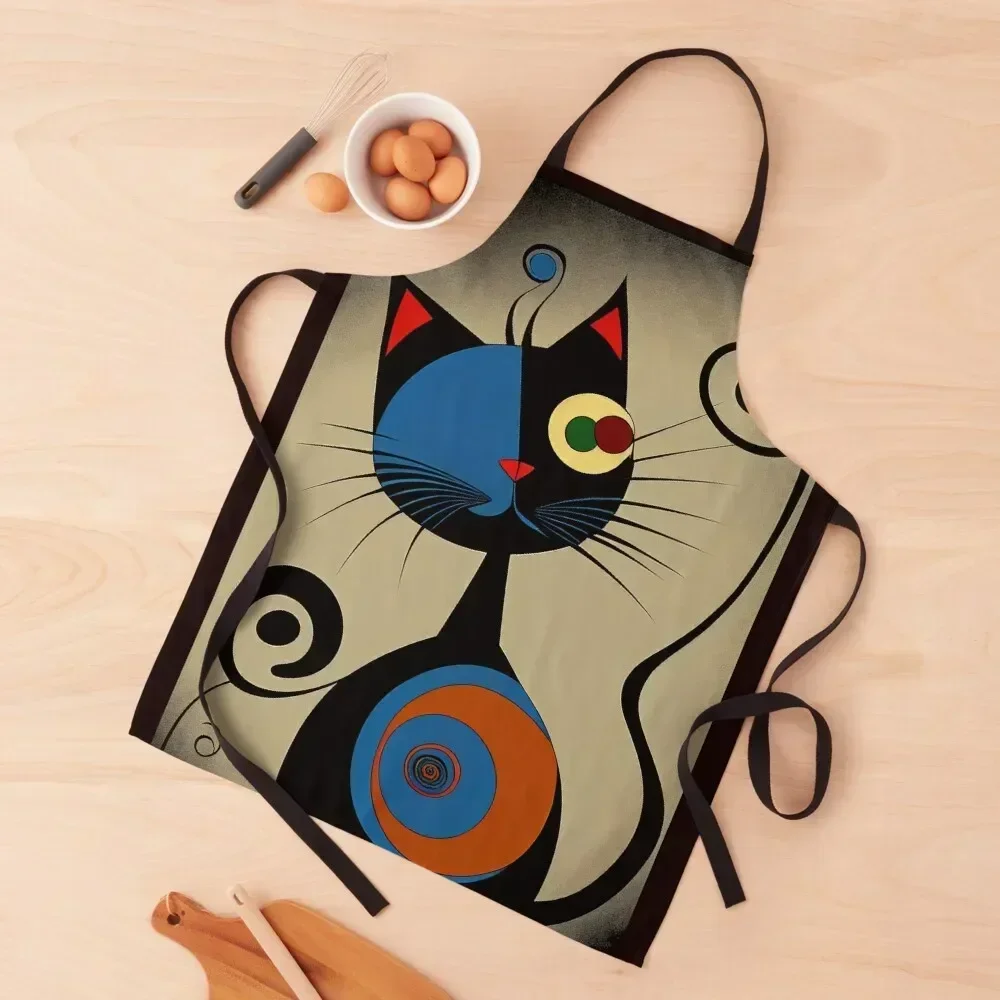 

Mid Century Black Cat Abstract Art Print Painting Wall Decor Apron barber men Kitchen For Women nail tech supplies Apron