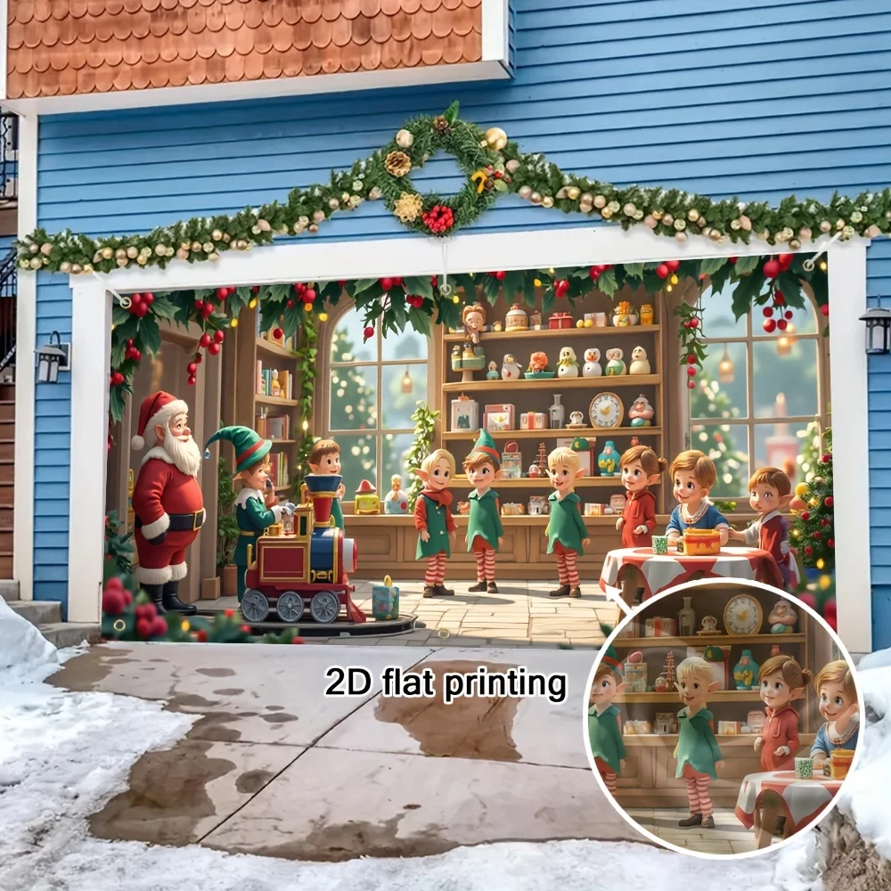 

1pc Santa Claus & Elves Workshop Party Photo Props Banner, Festive Backdrops & Banners, Garage Door Banner Easy-to-Hang
