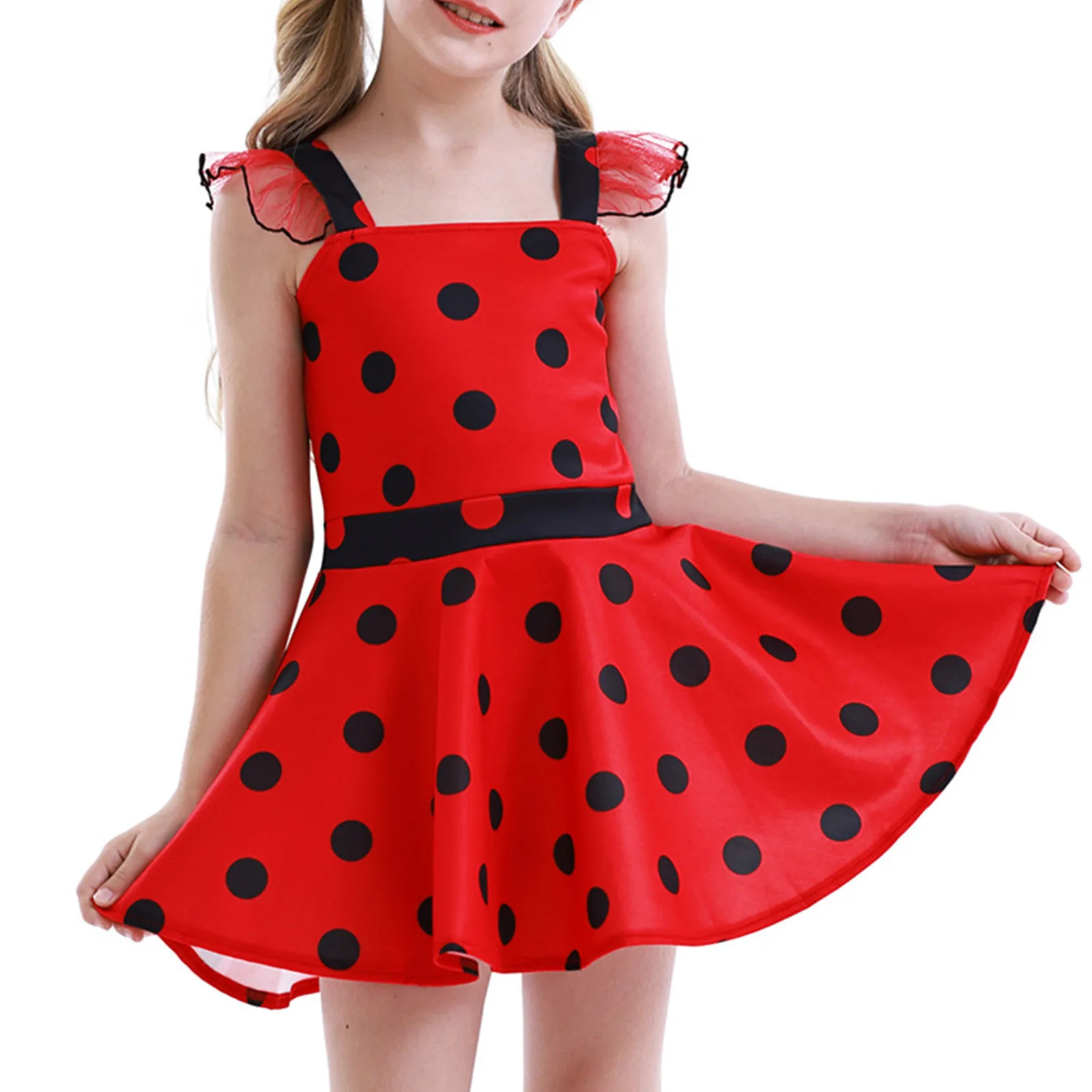 Kids Girls Cartoon Dress Halloween Cosplay Carnival Theme Party Evening Costume Sleeveless Polka Dots Print A-line Short Dresses