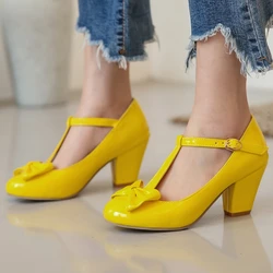 Elegant Women's Heels Mary Janes Lolita Shoes 2024 Sweet Bow Pumps Black White Pink Heeled Party Wedding Shoes Female Large Size