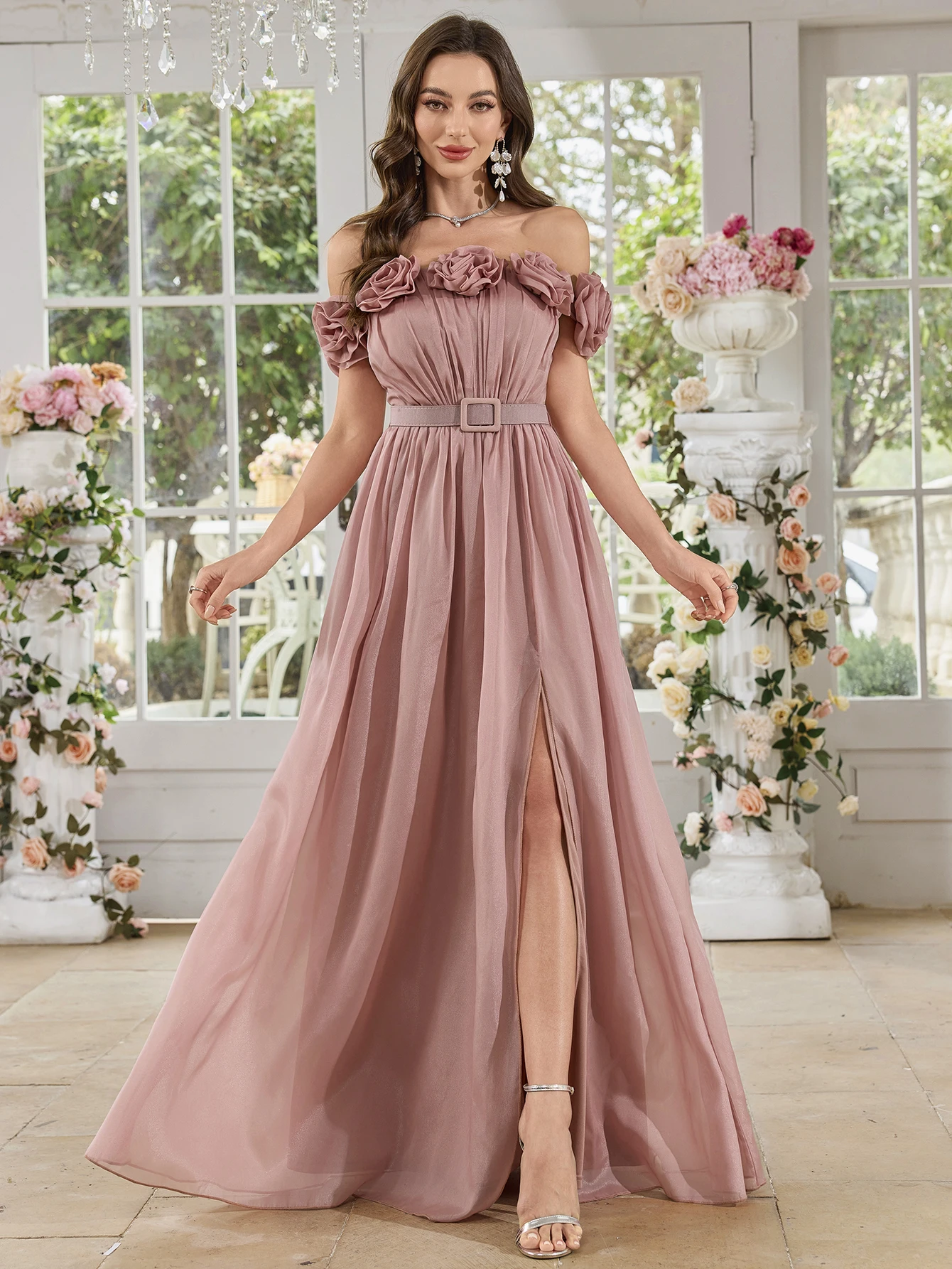 

UNITHORSE One-Shoulder Floor-Length Evening Dress with Chest Floral Decoration And Side Slit for Dinner And Dance Events
