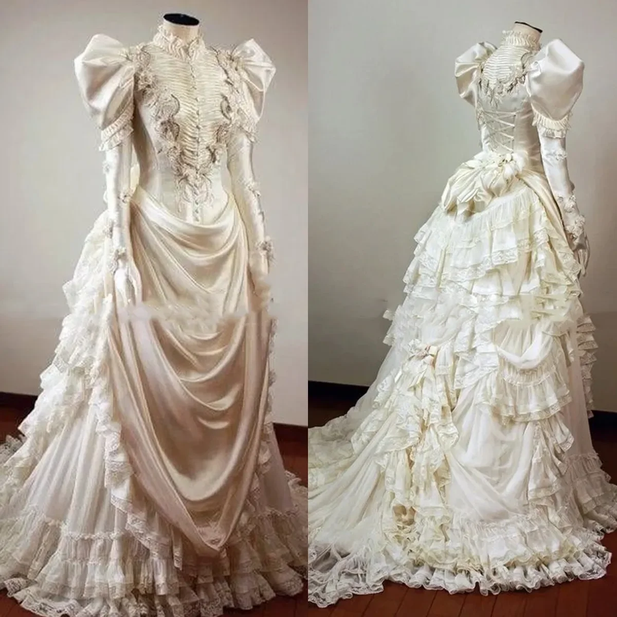 Victorian Wedding Dresses With Puffy Sleeves High Neck Historical Medieval Bridal Gowns Tiered Lace Ruched corset Masquerade