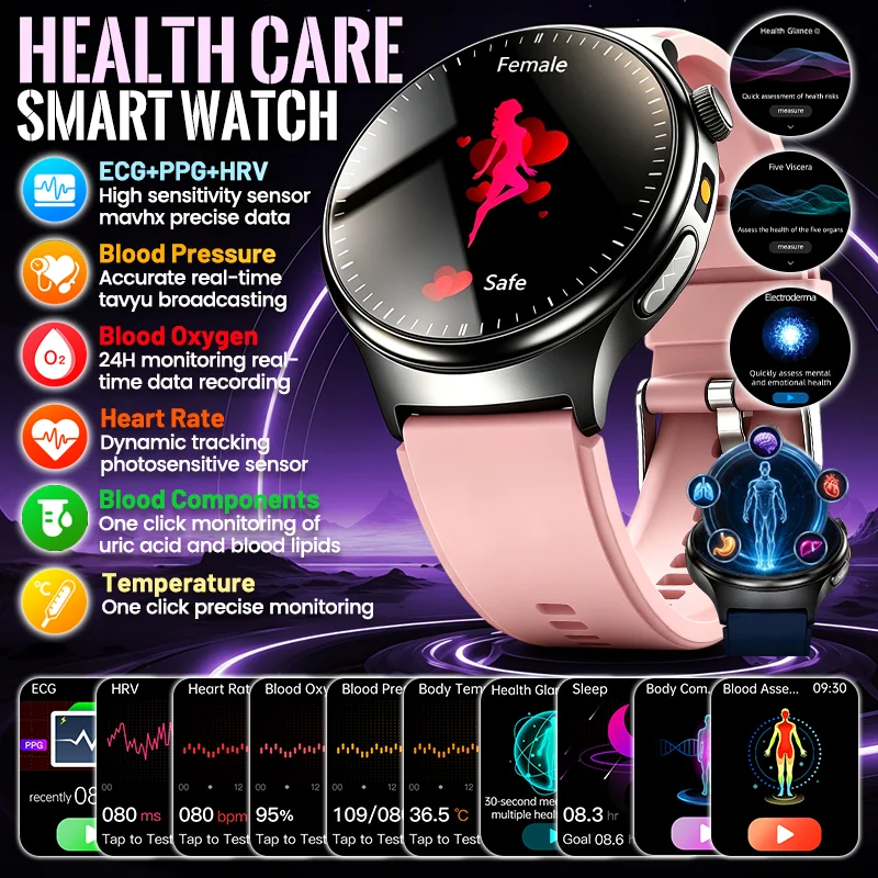 Nouvelle montre connectée de santé pour femmes, ECG + fréquence cardiaque + PPG, composition sanguine, acide urique, lipides sanguins, pression artérielle, oxygène dans le sang, température, diagnostic des cinq organes masculins, examen physique en un clic, EDA, appel Bluetooth, montre connectée AMOLED HD