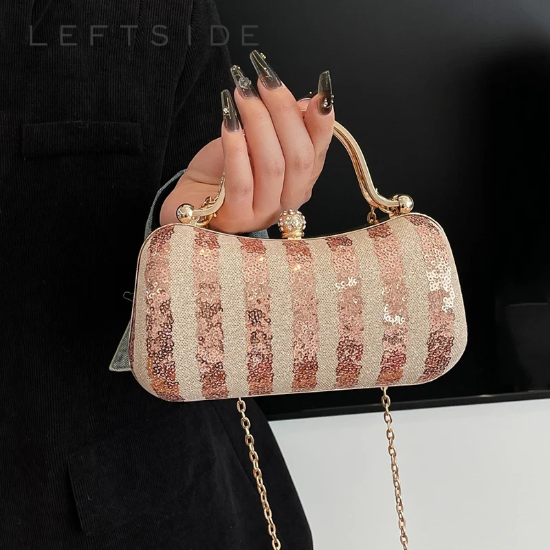 

Левая сторона, блестящий клатч с пайетками для женщин, элегантный вечерний кошелек с хрустальной пряжкой и ремешком-цепочкой, вечерние, свадебные мини-сумки