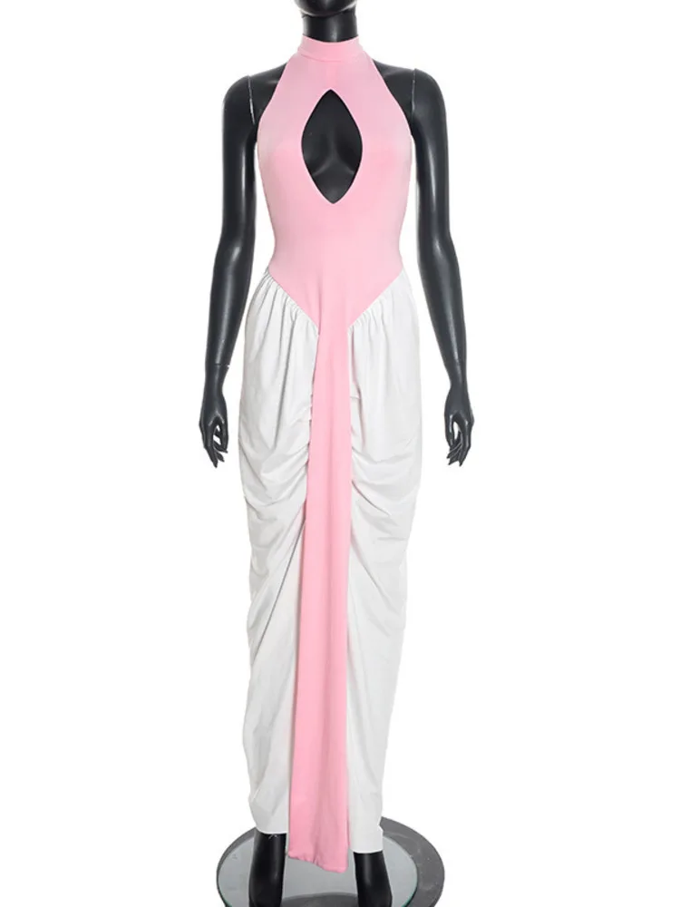 XIAOTANG Cut Out Backless Sexy Maxi Dress Women Contrast Color Patchwork Off-shoulder Sleeveless Split Club Party Long Dress