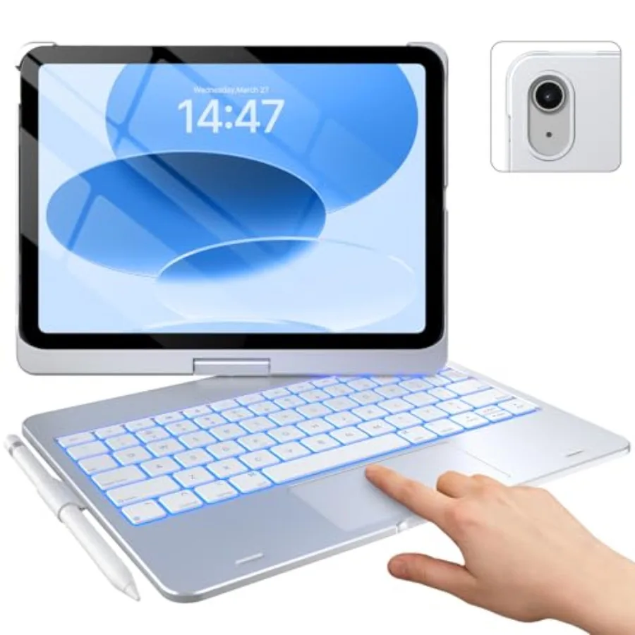 

iPad 11th 10th Gen case with keyboard for office use polycarbonate black 360 rotatable 11-color backlit multi-touch trackpad pe