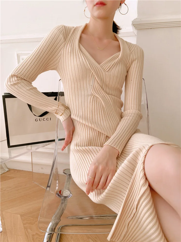 

Sexy V-neck Slim Strapless Slit Over The Knee Mid-length Dress Woman Long Sleeve Dresses Women Fall Winter Soild Knitting Dress