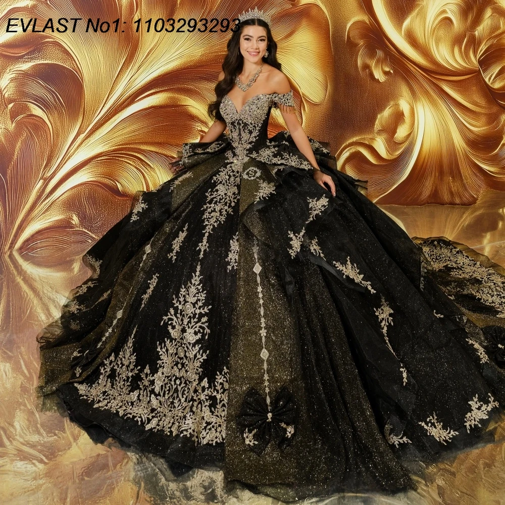 

EVLAST Customized Glitter Black Ball Gown Quinceanera Dress Gold Lace Applique Beads Tiered Sweet 16 Vestidos De 15 Anos E1QN244