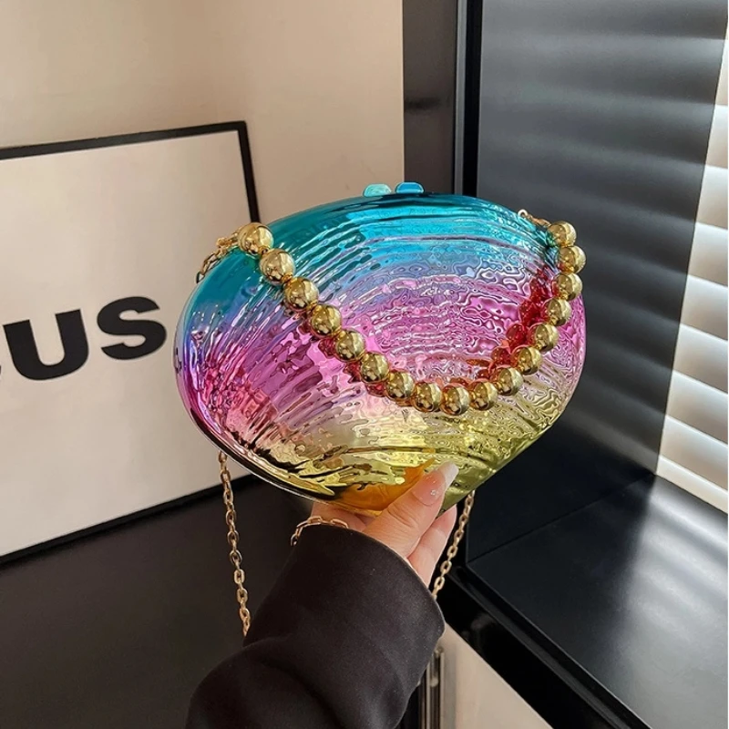 

2025 New Designer Acrylic Shell Shaped Bag for Women Colorful Elegant Handbag Oval Egg Shape Clutch Purse with Pearl Evening Bag