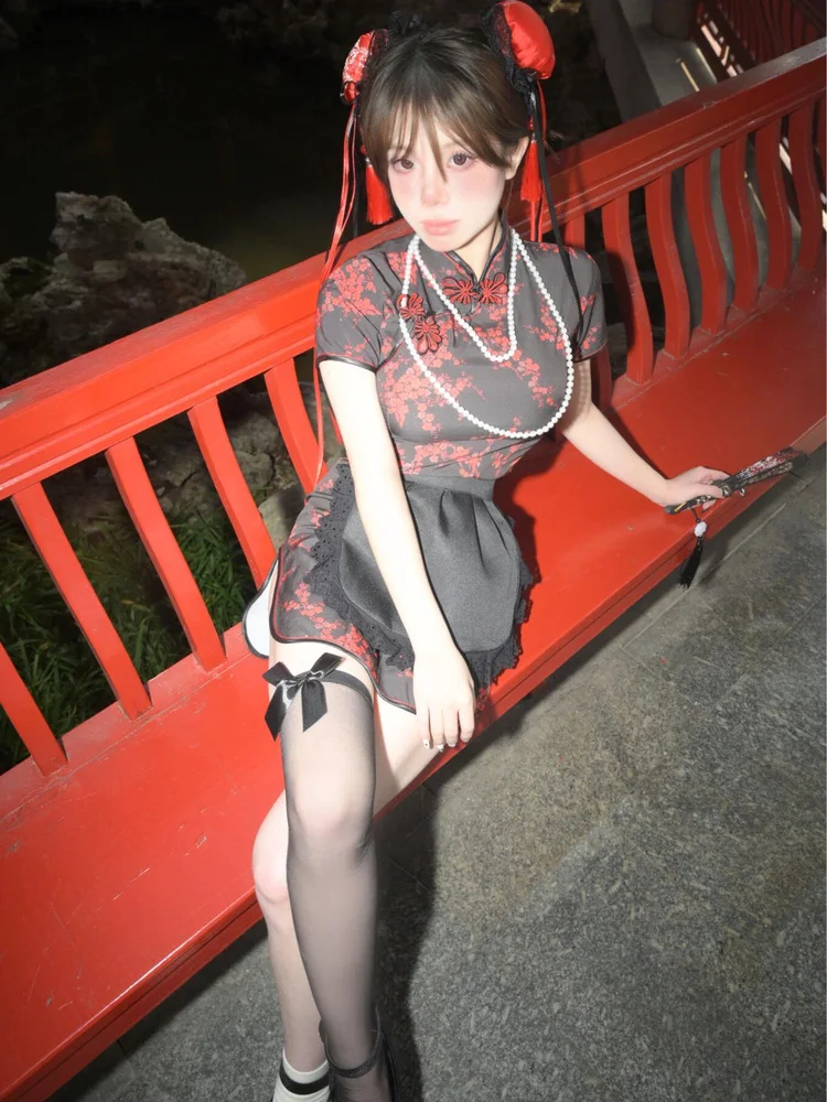 فستان تشيونغسام بالطراز الصيني الجديد، زي تنكري للهالوين وعيد الميلاد، زي خادمة بأكمام قصيرة، رداء قصير للارتداء اليومي