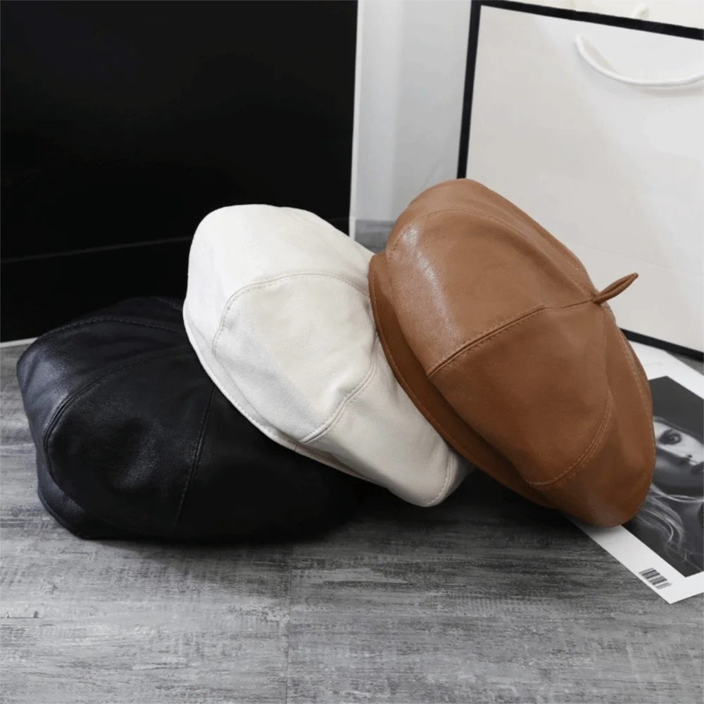 Trendy Retro Beret Hat Solid Color PU Leather French Cap Octagonal Painter Cap for Women