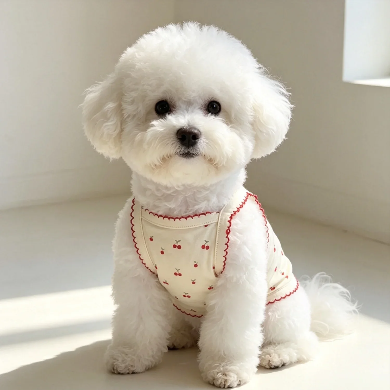 Sommerweste für kleine Hunde, niedliches Kirschmuster, Haustierkleidung, atmungsaktives ärmelloses Welpenshirt aus Baumwolle für Bichon Teddy Cat – Detail 11