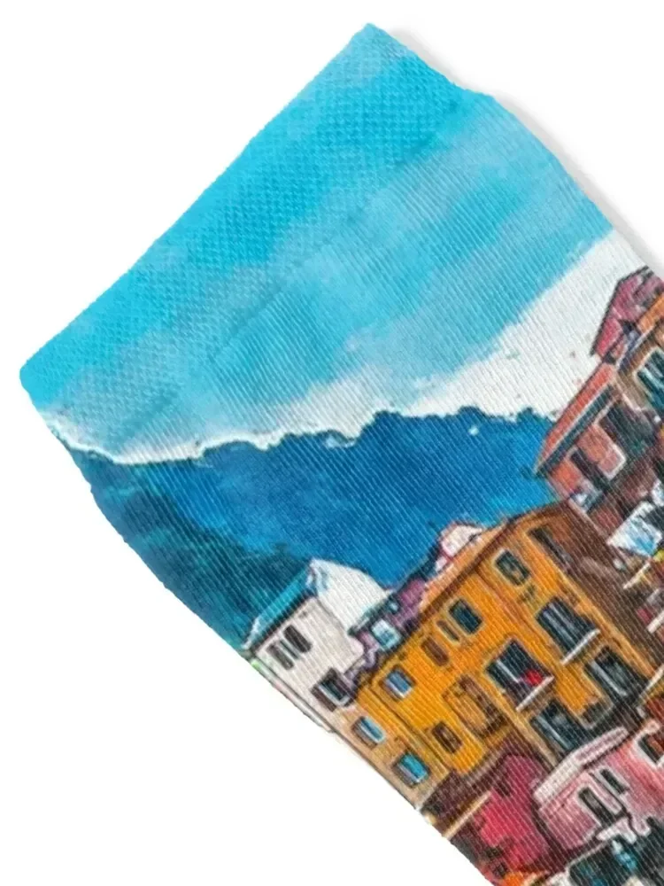 Beautiful View Manarola Cinque Terre Northern Italy, Manarola Cinque Terre Painting Art, Architecture Manarola Cinque Terr Socks