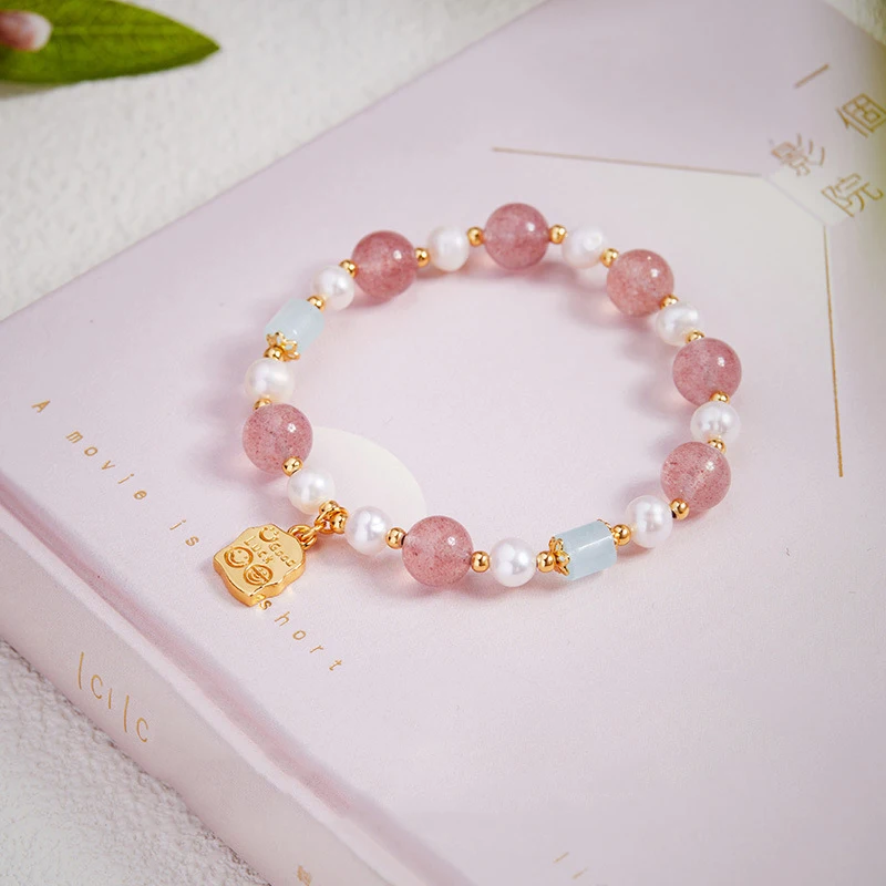 Natural Strawberry Pink Crystal Bracelet Women Suitable for Love Marriage White Blossom Pearl Gift High-end Temperament Jewelry
