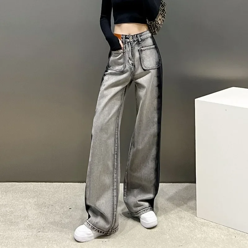 Gray Black Design Vaqueros High-waisted Straight-leg Wide-leg Floor-length Jeans Women's Spring Summer Latest Denim Pantalones