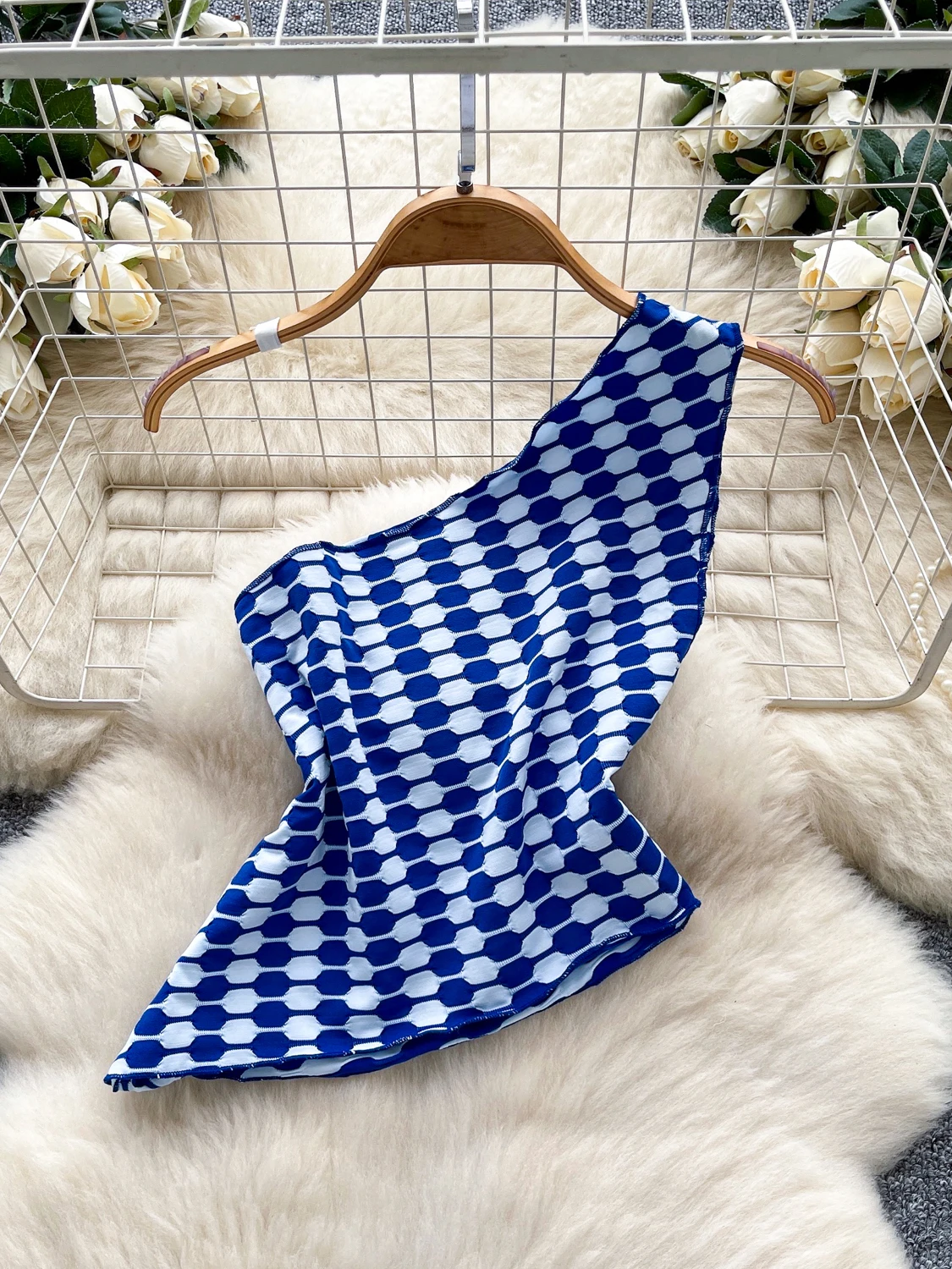 توب أنبوبي فاخر بنقشة مربعات للنساء، تصميم صيفي غير متماثل، قميص أنيق وفريد بياقة جانبية مطبوعة، نمط عملي ضيق #4