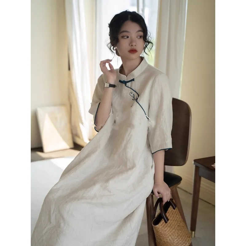 Summer New Chinese Style Women's Long Dress Retro Cotton and Linen Loose Embroidery Half-sleeved Long Skirt Cheongsam Dresses - Image 3