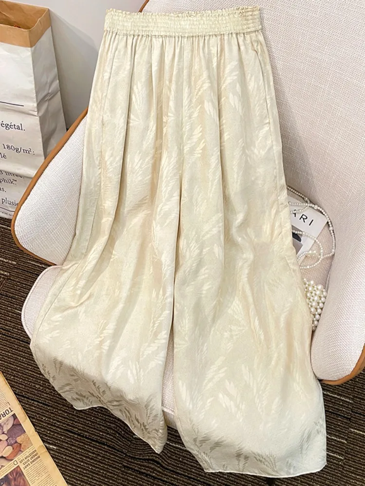 

Новые китайские широкие брюки из ацетата с вышивкой, женские летние тонкие драпированные тонкие прямые свободные повседневные шелковые брюки