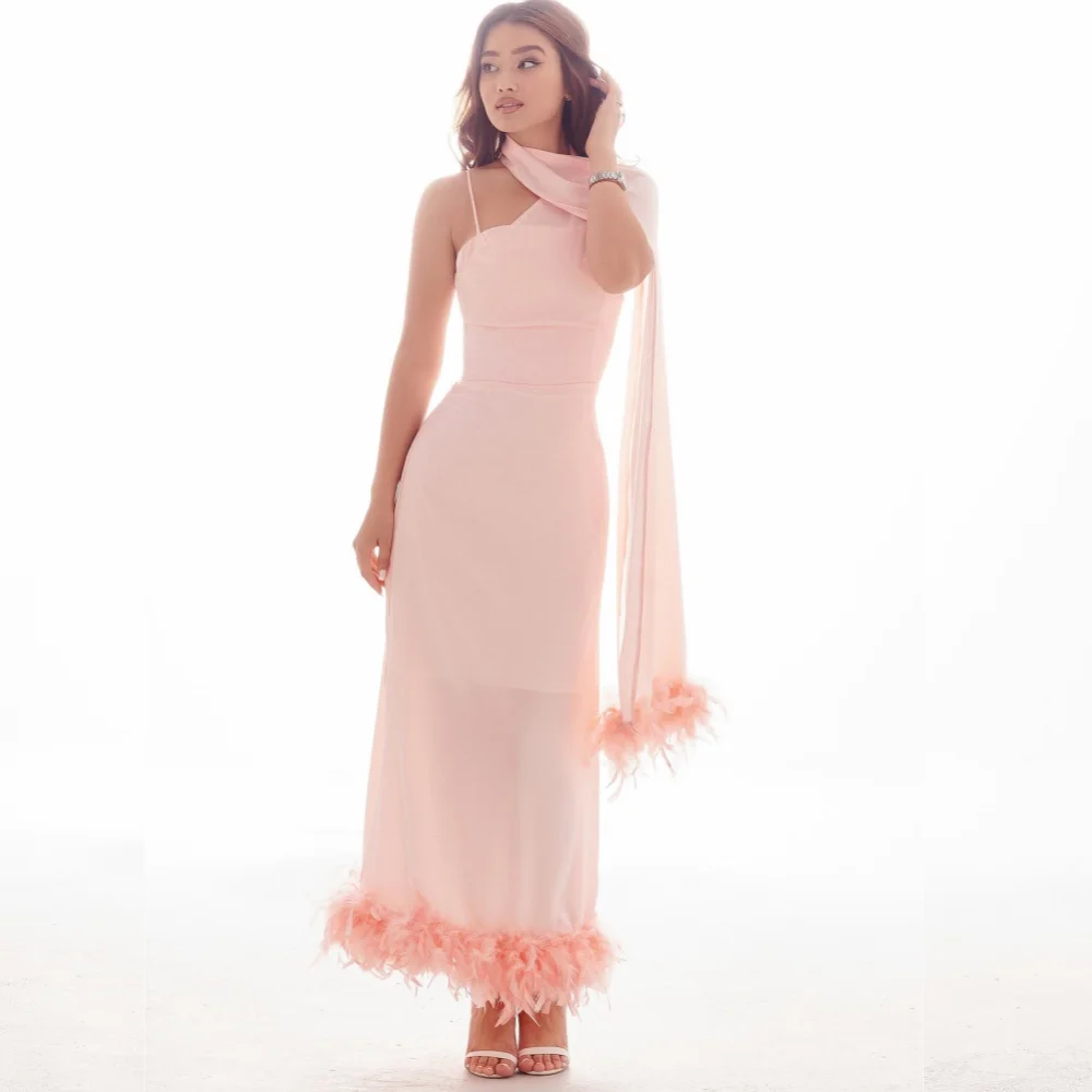 

Jersey Feather Clubbing A-line One-shoulder Bespoke Occasion Gown Midi Dresses