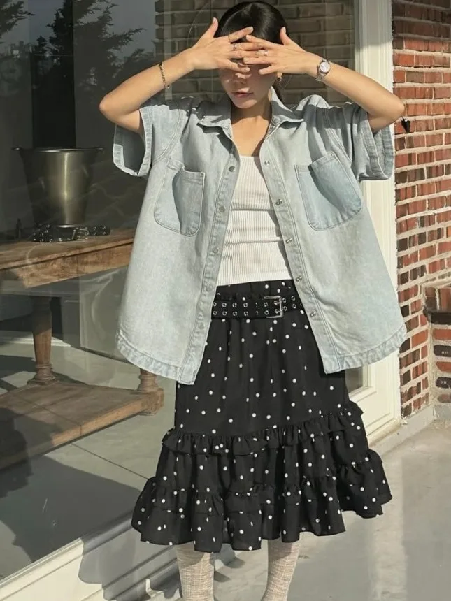 

Korean Japanese Sle Polka Dot f Skirt Elastic Waist Gentle Lace Trim Small Size Women Commute Sle Summer New Arrival